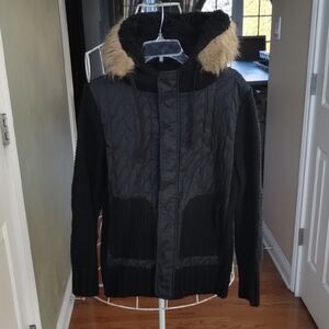 Diesel Black Quilted Puffer/Sweater Jacket with Faux Fur Hood
